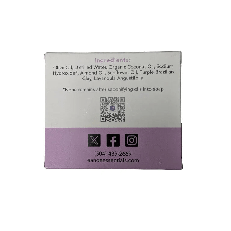 Lavender Bar Soap packaging view with ingredient list, E &amp; E Essentials Black-owned skincare