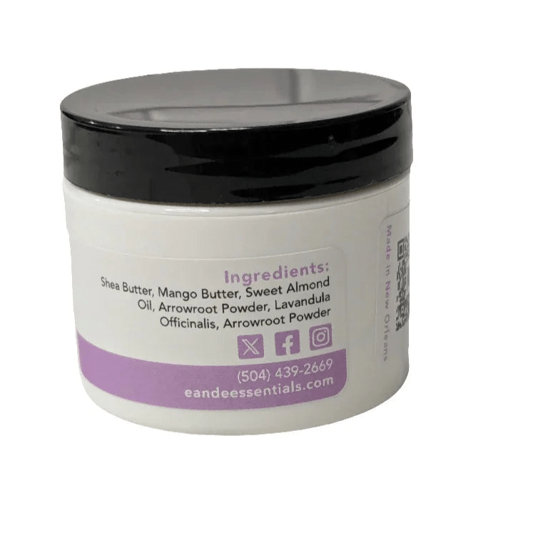 Lavender Whipped Body Butter with visible ingredients label, natural shea and mango butter, lavender oil
