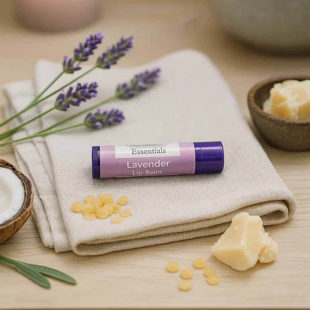 Lavender lip balm tube on beige cloth with beeswax pellets, cocoa butter, lavender sprigs, and natural ingredients on wooden surface