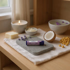 Lavender lip balm with natural ingredients including cocoa butter, coconut oil, beeswax, and lavender essential oil for moisturizing and soothing dry lips