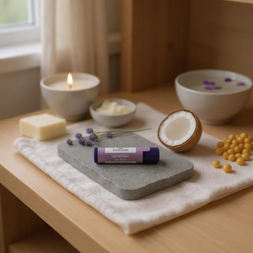 Lavender lip balm with natural ingredients including cocoa butter, coconut oil, beeswax, and lavender essential oil for moisturizing and soothing dry lips