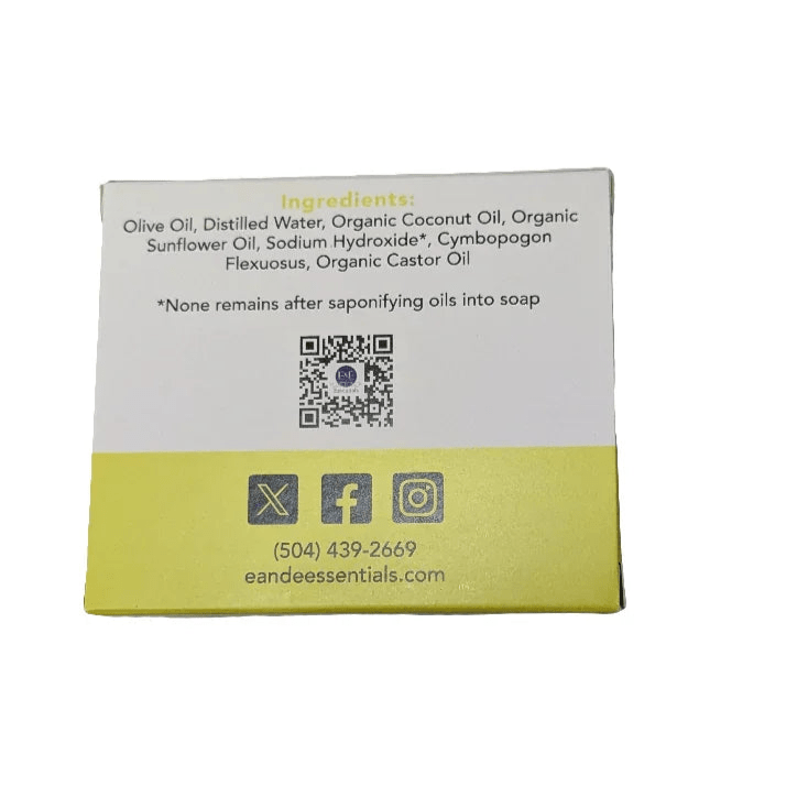 Lemongrass Bar Soap ingredient label by E &amp; E Essentials, contact info, and social media links visible