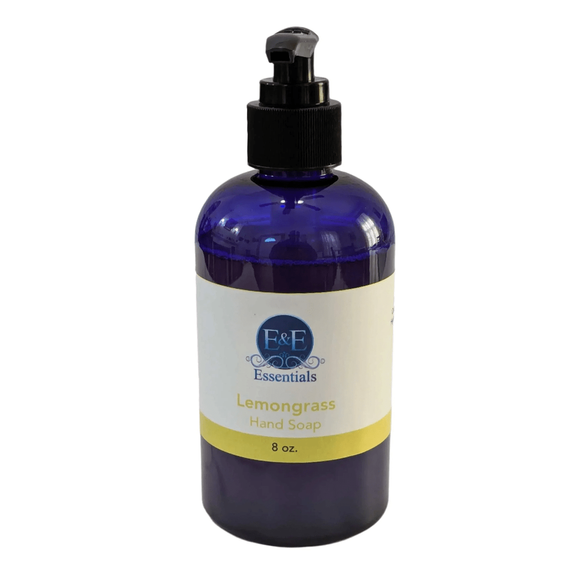 E & E Essentials Lemongrass Liquid Hand Soap blue bottle on plain white background