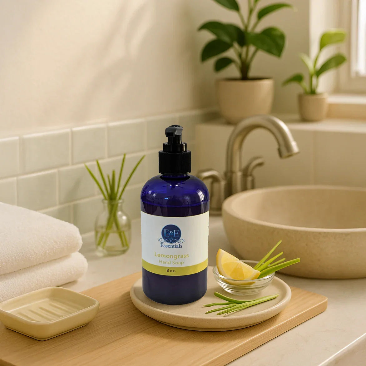 Blue bottle of lemongrass liquid hand soap on bathroom counter with lemon slices and lemongrass stalks for a refreshing, moisturizing cleanse