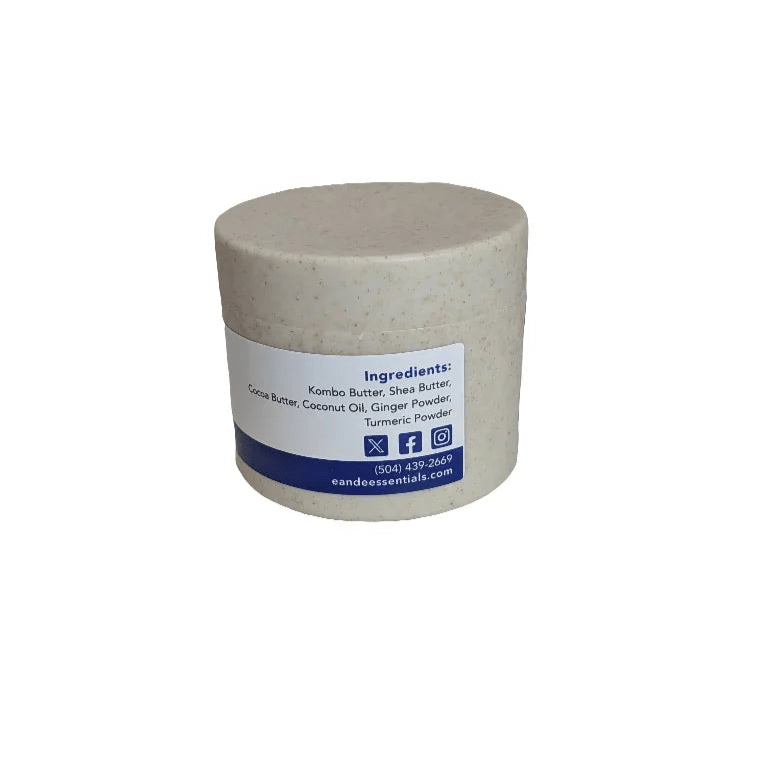 Muscle Relief Body Butter label featuring Kombo, Shea, Cocoa Butter, Ginger, Turmeric ingredients
