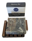 Mystery Bar Soap with upcycled natural soap shavings, displayed on dish with E&E Essentials packaging