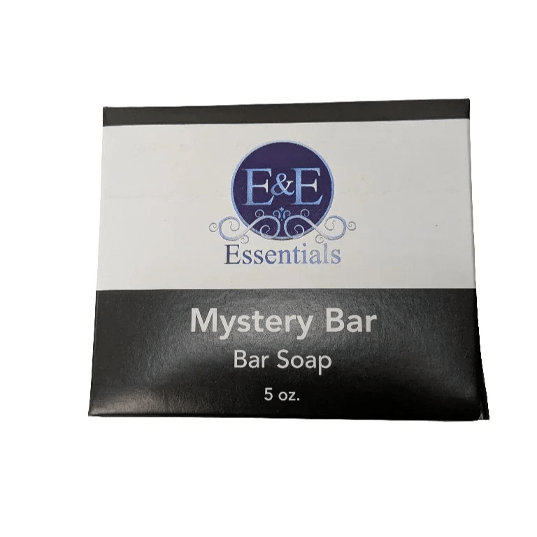 Mystery Bar Soap 5 oz packaging, E&amp;E Essentials logo, eco-friendly Black-owned skincare