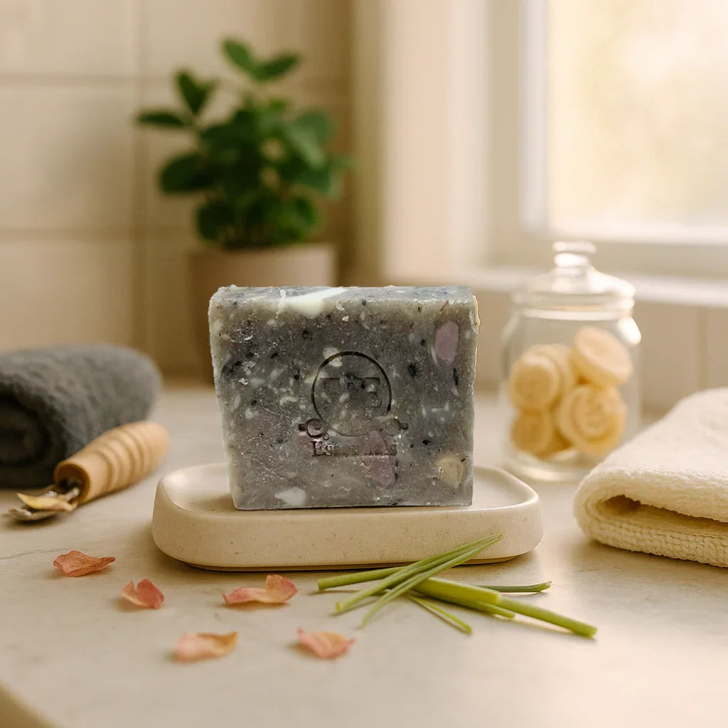 Handmade Confetti Soap bar with natural ingredients on a soap dish, eco-friendly skincare product.