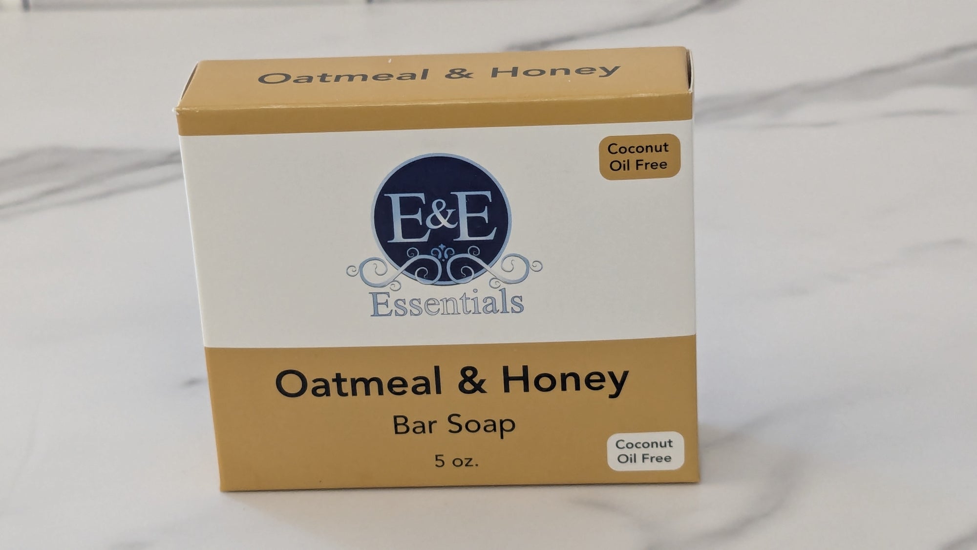 E&amp;E Essentials Oatmeal &amp; Honey Bar Soap packaging, coconut oil free, sensitive skin labeling visible