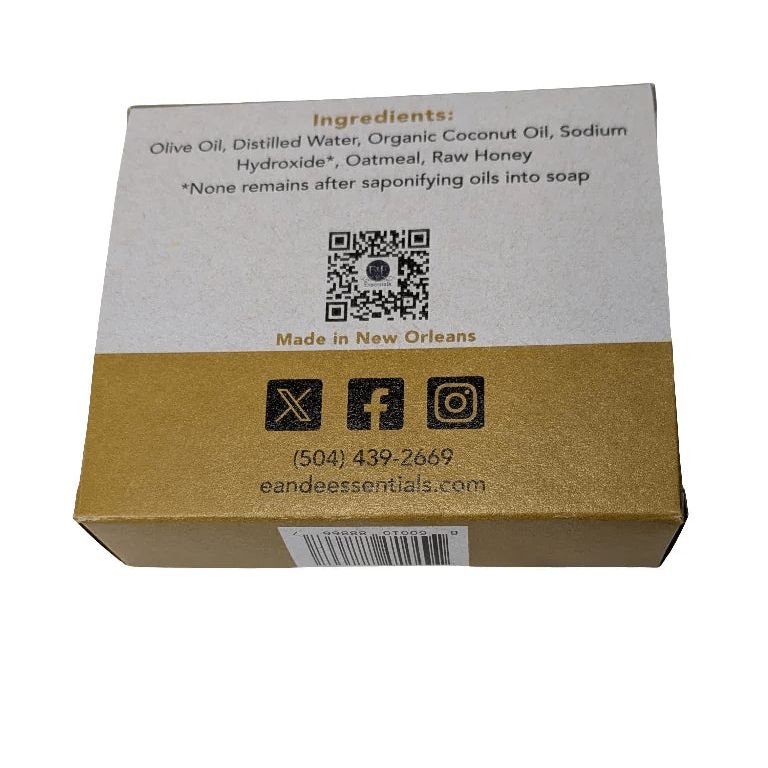 Oatmeal &amp; Honey Bar Soap packaging highlighting ingredient label for transparency and sensitive skin