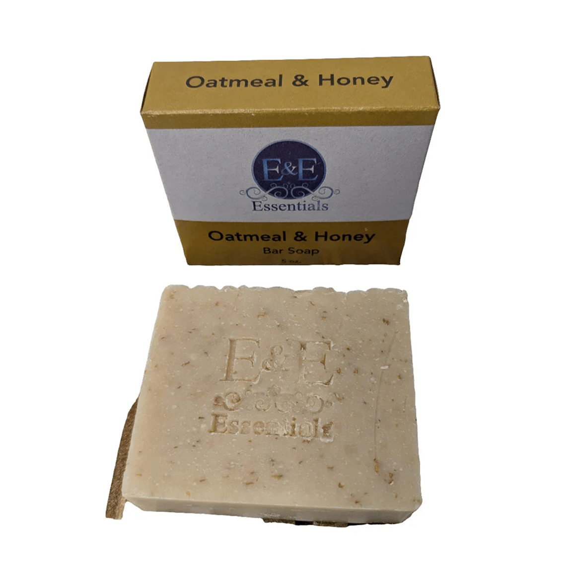 Oatmeal &amp; Honey Bar Soap and branded packaging on white background, natural daily cleansing bar