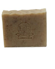 Close-up of Oatmeal & Honey Bar Soap with its embossed logo