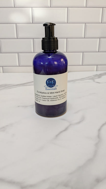 Eucalyptus & Mint Hand Soap with a pump top on a marble bathroom counter