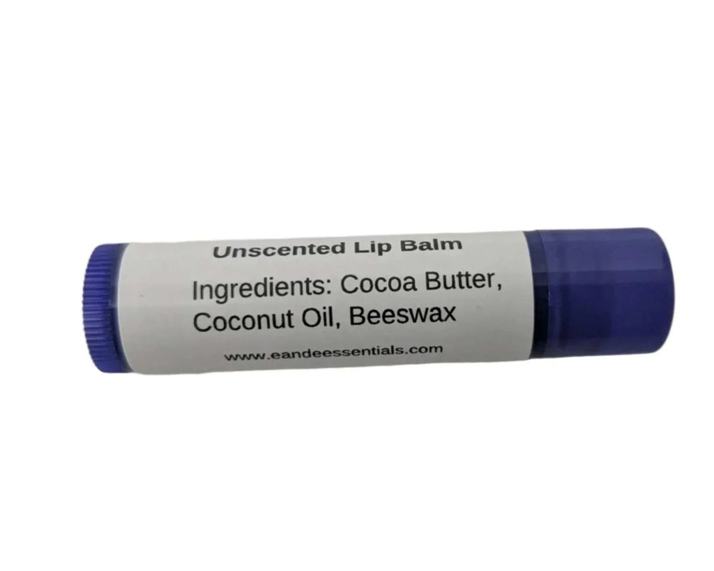 Unscented lip balm tube with ingredients listed, ideal for dry, sensitive lips.
