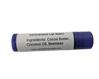 Unscented lip balm tube with ingredients listed, ideal for dry, sensitive lips.