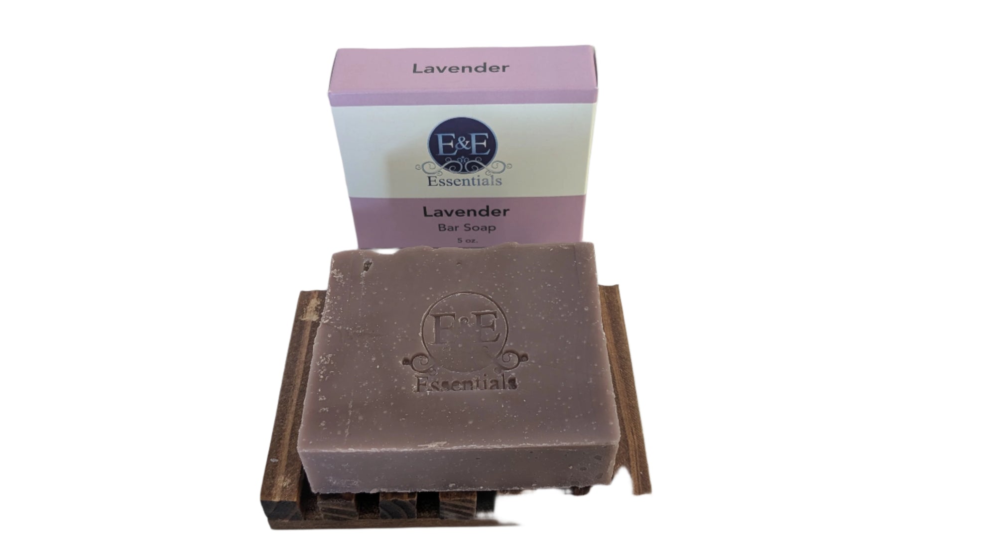 Lavender bar soap displayed on a wooden tray with its packaging box