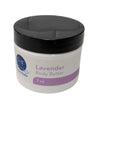 Lavender Body Butter in a jar with a blurred bathroom setting in the background