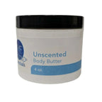 Unscented body butter jar for dry and sensitive skin.