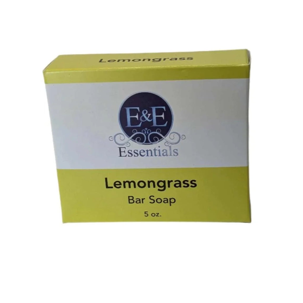 Lemongrass Bar Soap packaging, 5 oz size, by E&E Essentials, natural and moisturizing for sensitive skin.