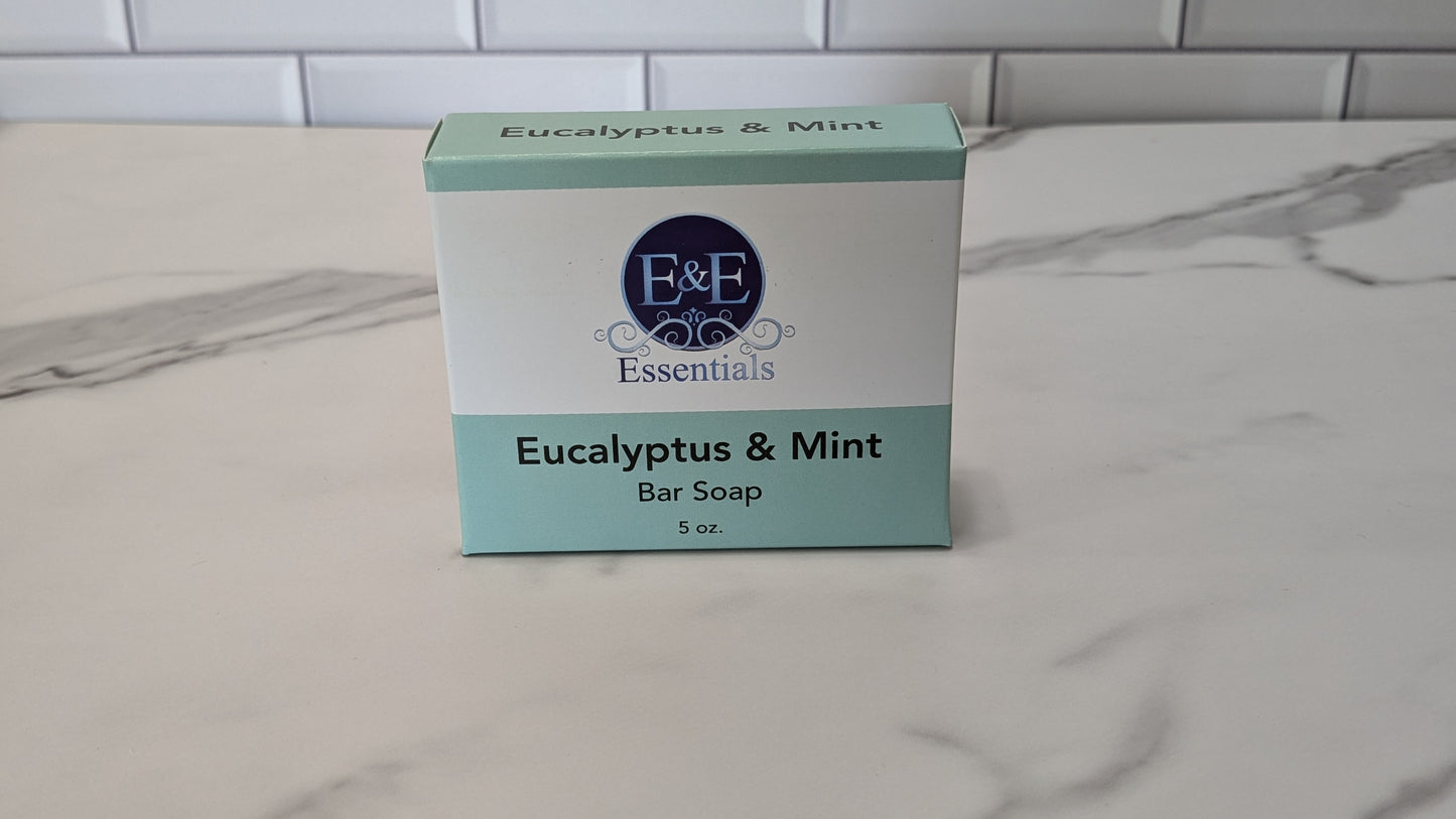 Eucalyptus & Mint Bar Soap box displayed on a countertop