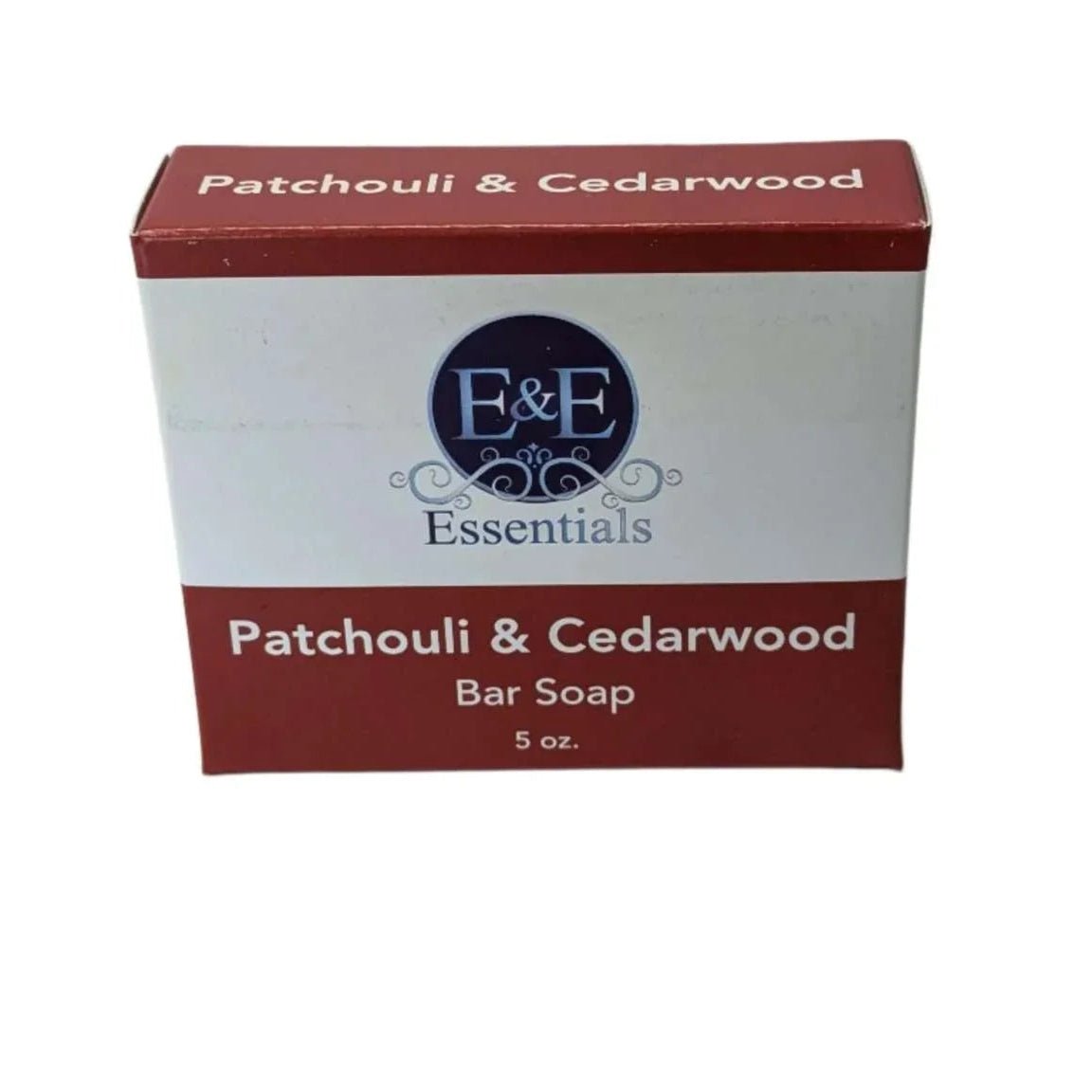Patchouli &amp; Cedarwood Bar Soap packaging, 5 oz, labeled for dry and sensitive skin