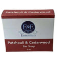 Patchouli & Cedarwood Bar Soap packaging, 5 oz, labeled for dry and sensitive skin