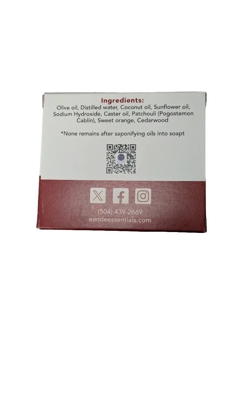 Patchouli &amp; Cedarwood Soap ingredients label, listing olive, coconut, sunflower oils for sensitive skin