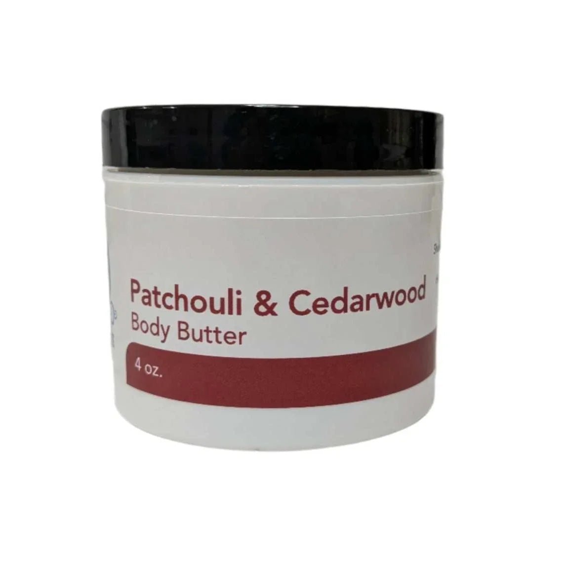 Patchouli & Cedarwood Body Butter jar showing label, designed for deep hydration and soothing sensitive skin