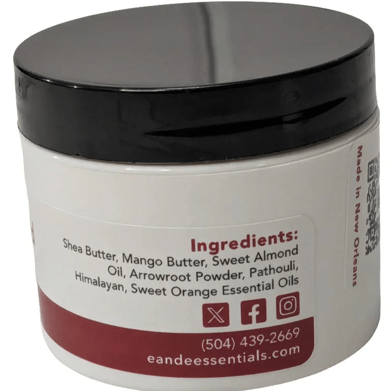 Patchouli &amp; Cedarwood Body Butter jar showing full ingredients, natural skincare with essential oils