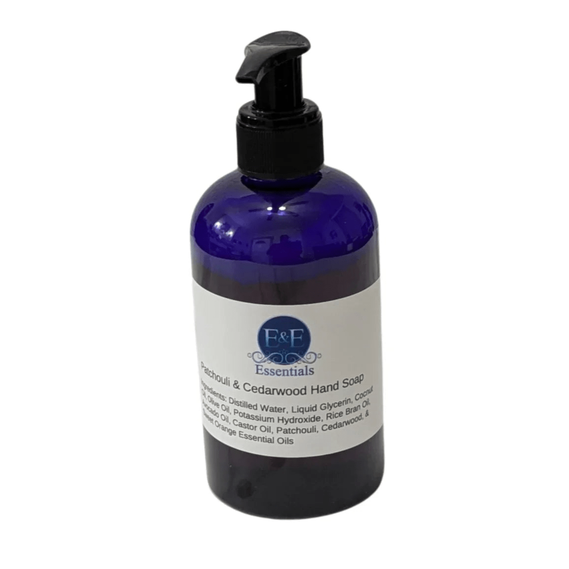Natural Patchouli & Cedarwood Liquid Hand Soap in blue bottle for moisturizing dry, sensitive hands