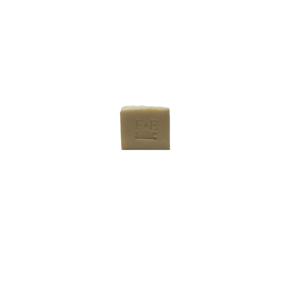 Patchouli Moisturizing Soap with E & E Essentials embossed logo, vegan, white background
