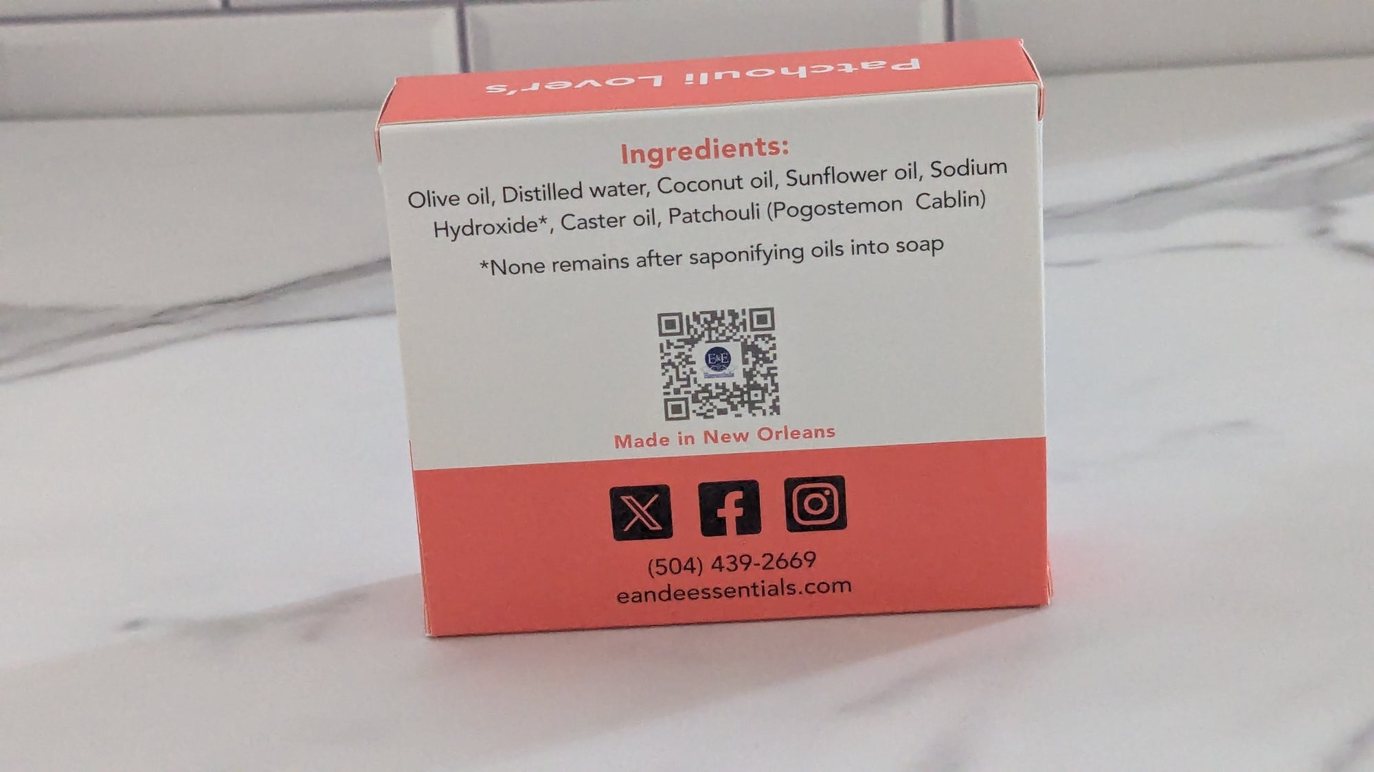 Patchouli Moisturizing Bar Soap box with visible ingredient list, natural skincare transparency