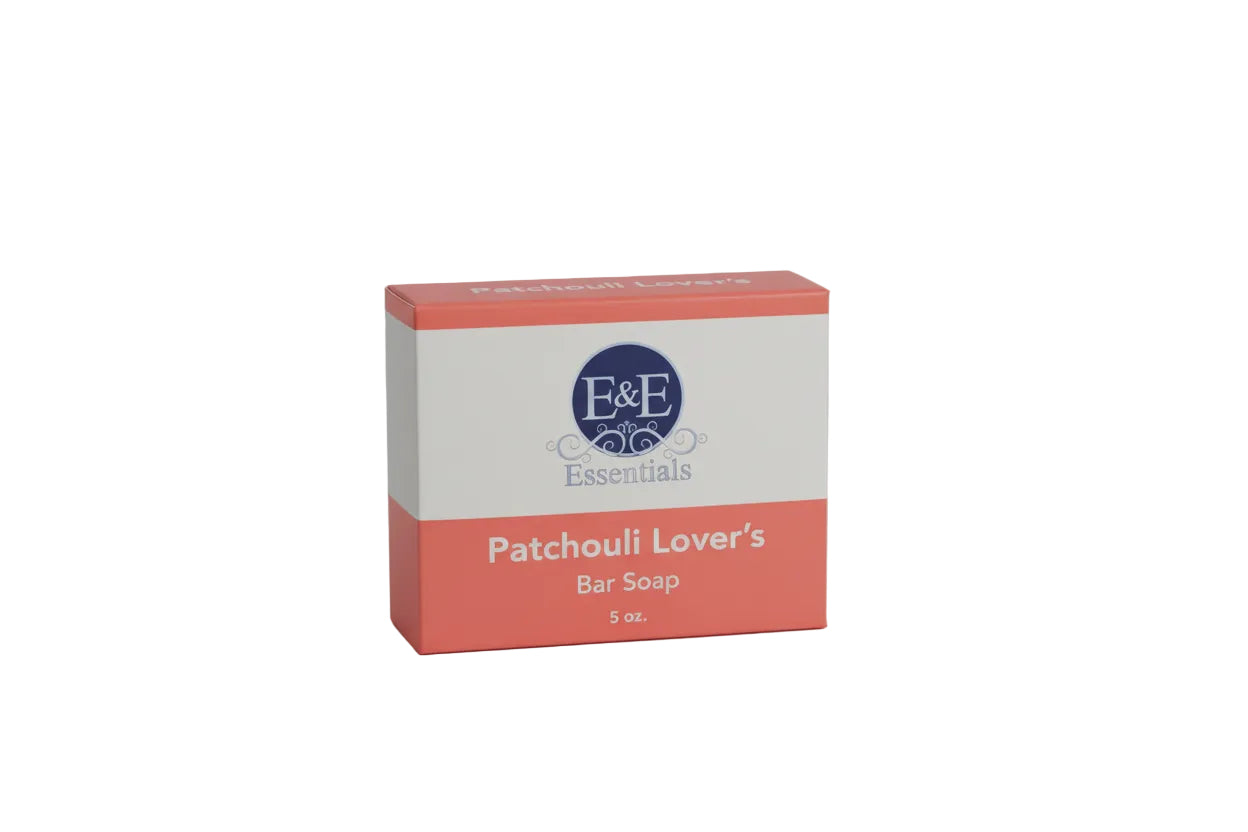 E & E Essentials Patchouli Bar Soap packaging on marble, moisturizing, vegan, for sensitive skin
