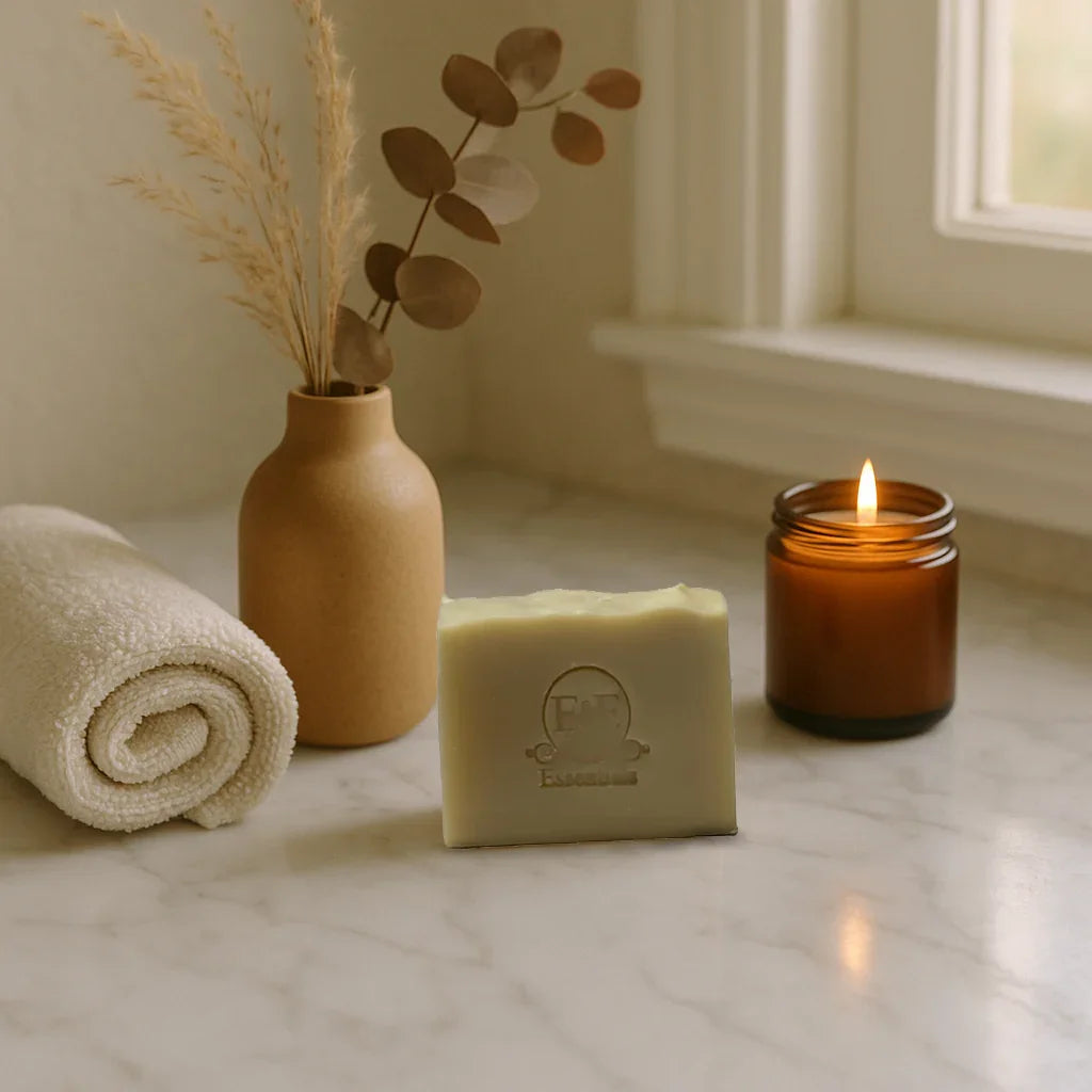 Patchouli & cedarwood moisturizing bar soap with natural ingredients, displayed with rolled towel, dried plants in vase, and lit candle on marble surface
