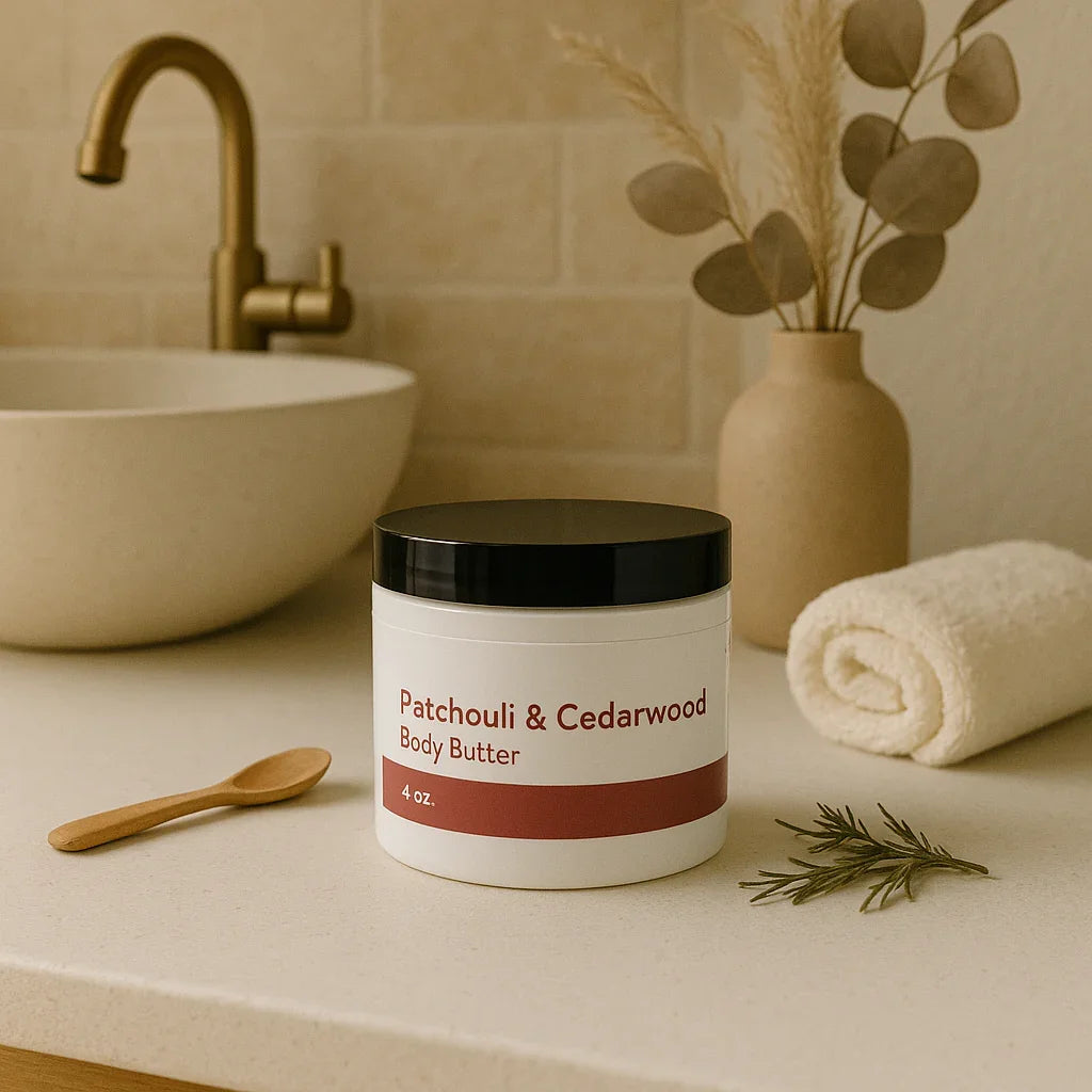 Jar of Patchouli & Cedarwood Body Butter on bathroom counter with towel, wooden spoon, and decorative vase, showcasing natural skincare product.