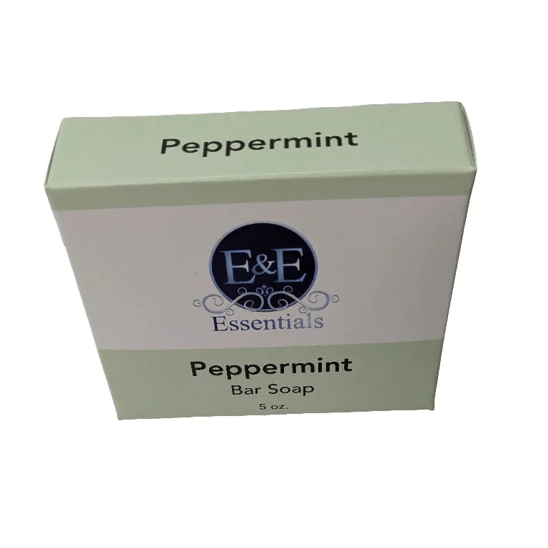 Peppermint Bar Soap boxed with E &amp; E Essentials branding, cold process, vegan