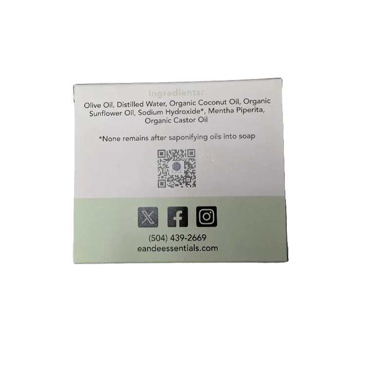 Peppermint Bar Soap packaging front with natural ingredients listed, suitable for daily use