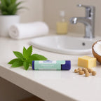 All-natural peppermint lip balm tube on bathroom counter with mint leaves, natural oils, and moisturizing ingredients nearby.