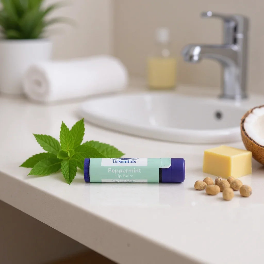 All-natural peppermint lip balm tube on bathroom counter with mint leaves, natural oils, and moisturizing ingredients nearby.