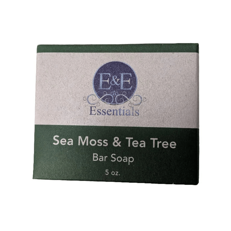Sea Moss & Tea Tree Bar Soap packaging highlighting natural, vegan, sensitive skin benefits