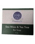 Sea Moss & Tea Tree Bar Soap packaging highlighting natural, vegan, sensitive skin benefits