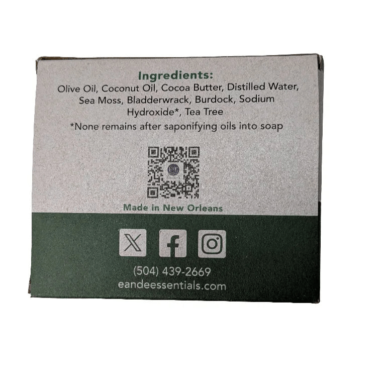 Sea Moss &amp; Tea Tree Bar Soap packaging with ingredients list and contact information.