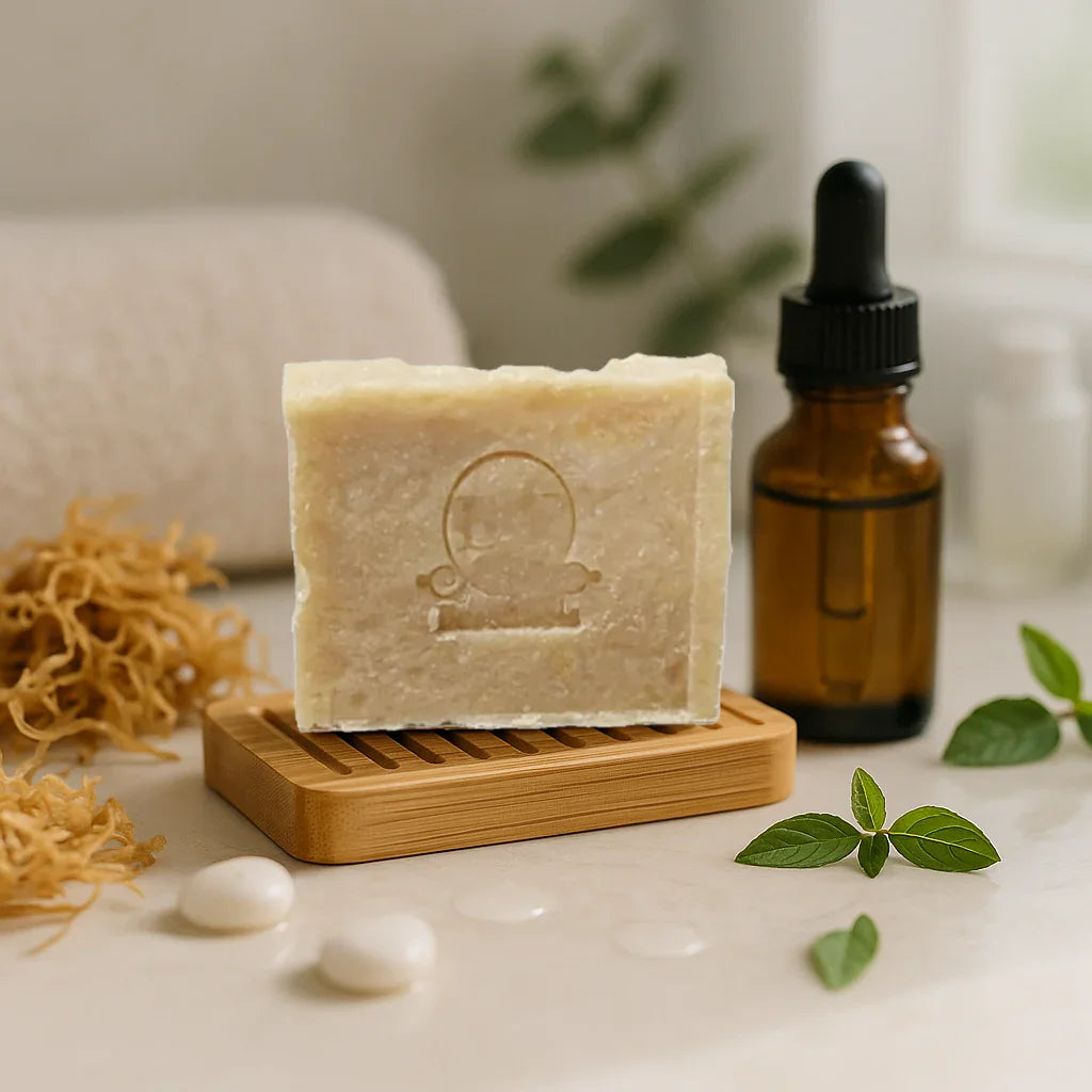 Sea Moss and Tea Tree natural bar soap on wooden soap dish with dropper bottle and green leaves, skincare setup