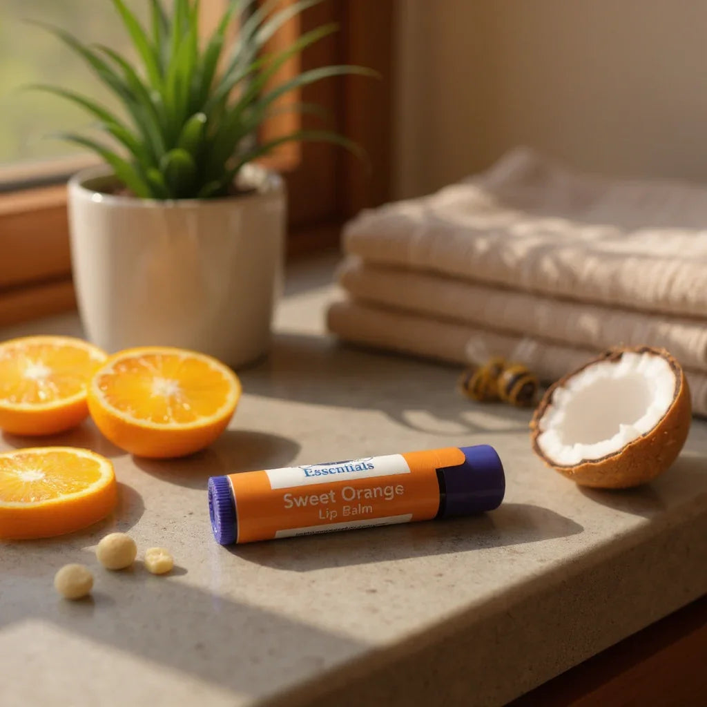 Sweet Orange Lip Balm tube on countertop with fresh orange slices and coconut halves, natural moisturizing lip care product