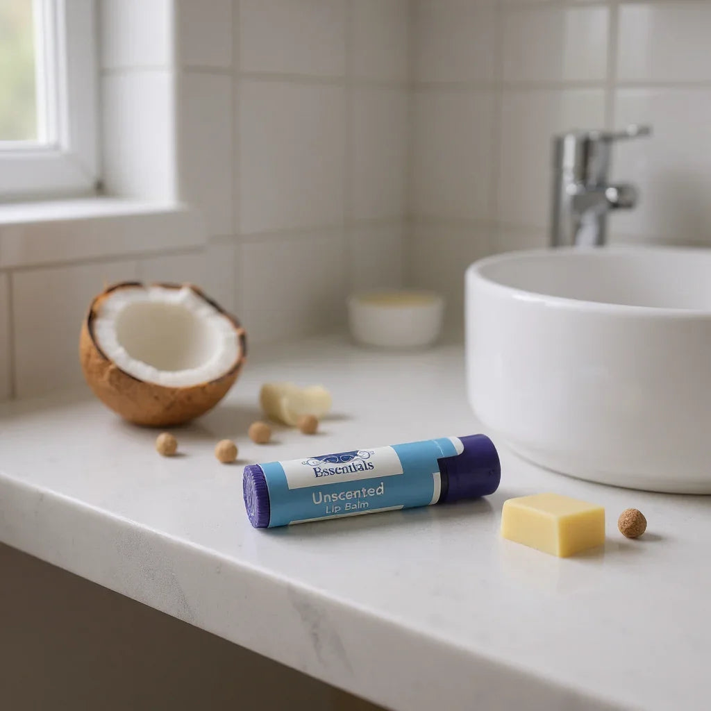Tube of unscented lip balm on bathroom countertop with coconut and shea butter ingredients nearby
