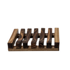 Wooden soap dish with a slatted design, ideal for keeping soap dry and lasting longer.