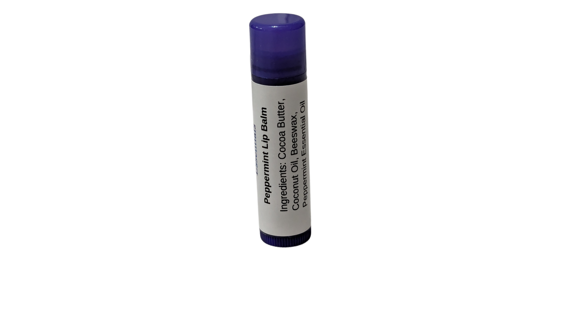 Close-up of peppermint lip balm with a purple label and branding