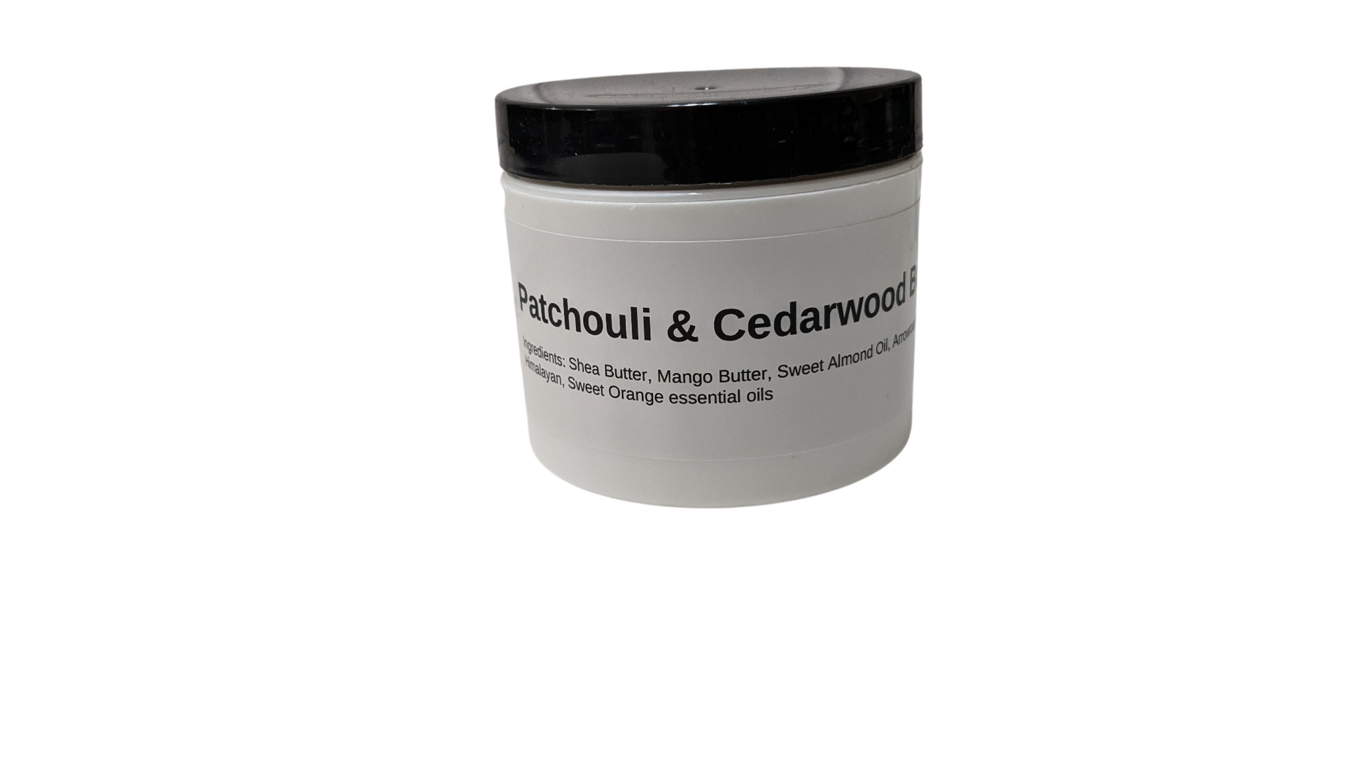 A jar of Patchouli & Cedarwood Body Butter with branding label