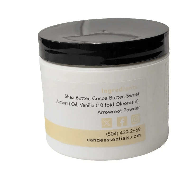 Whipped Vanilla Body Butter in jar with visible label listing shea, cocoa butter, and vanilla oleoresin