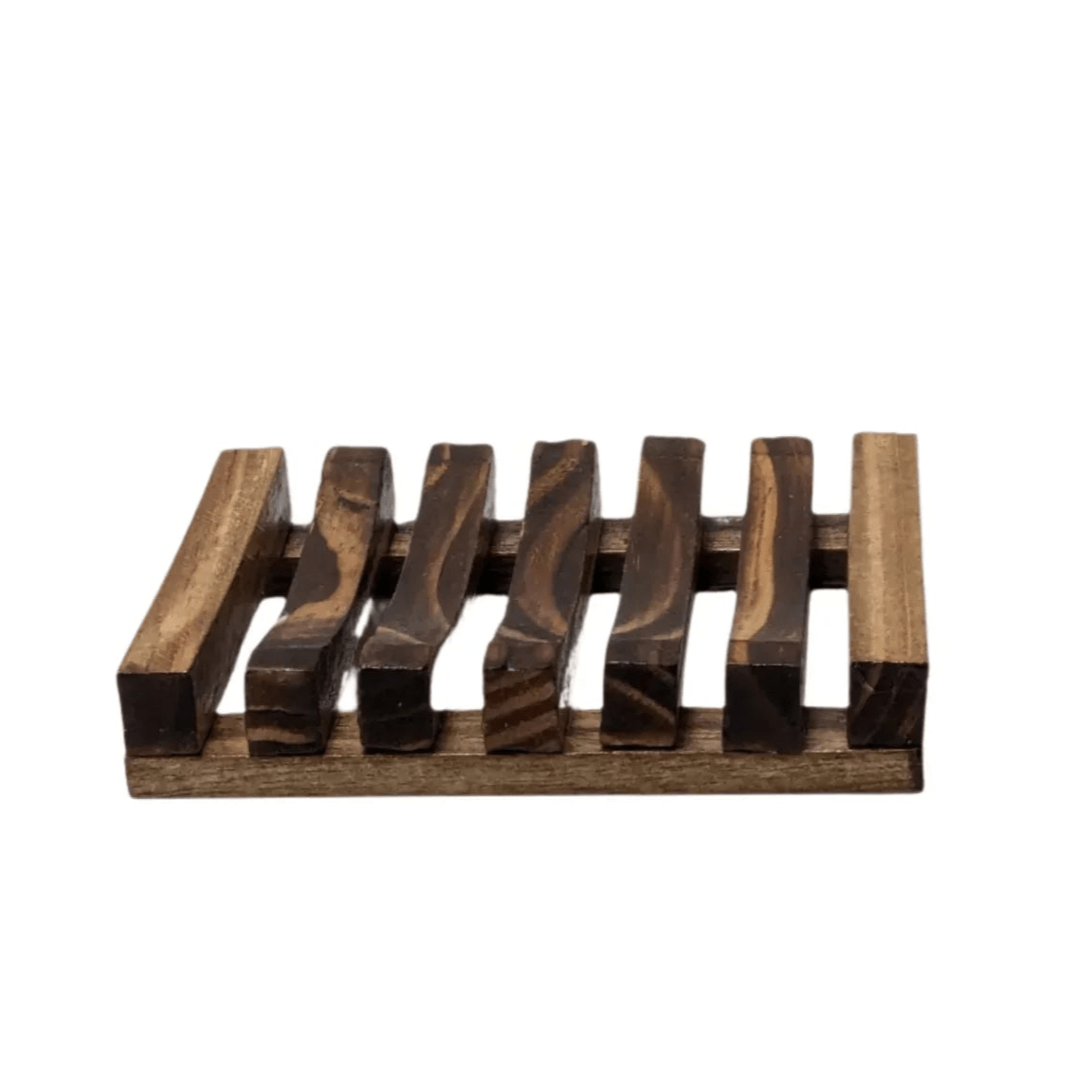 Slatted wooden soap dish for keeping bar soap dry, shown with minimalist bathroom decor